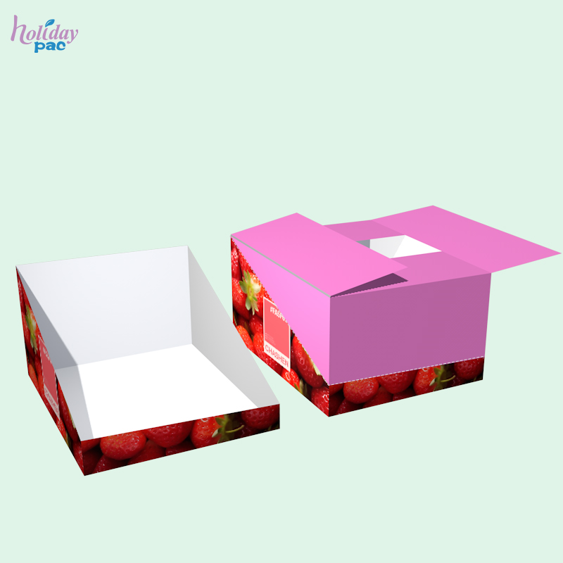 Holidaypac pink shelf-ready carton shown before opening and as an open display tray