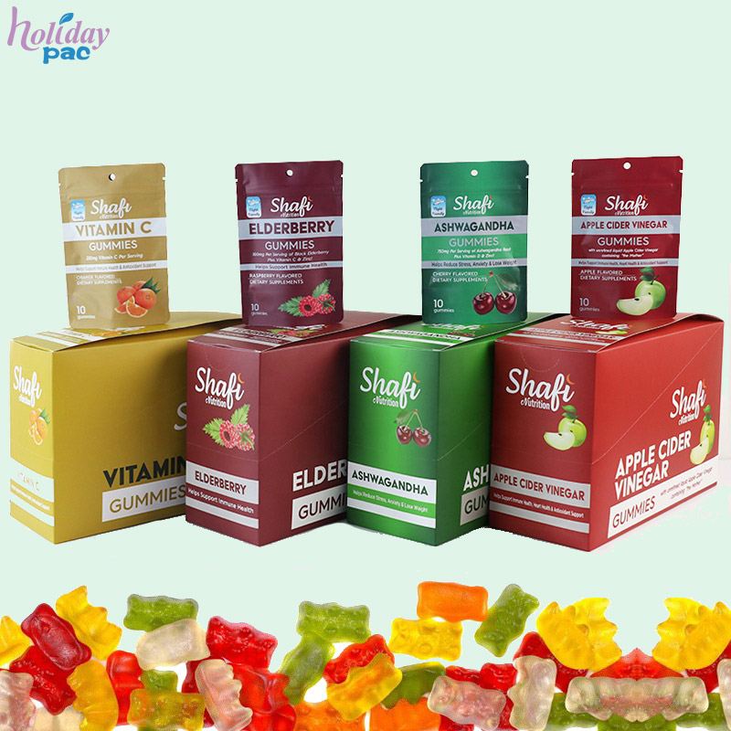 Holidaypac printed shelf-ready gummy display boxes with visible front panels