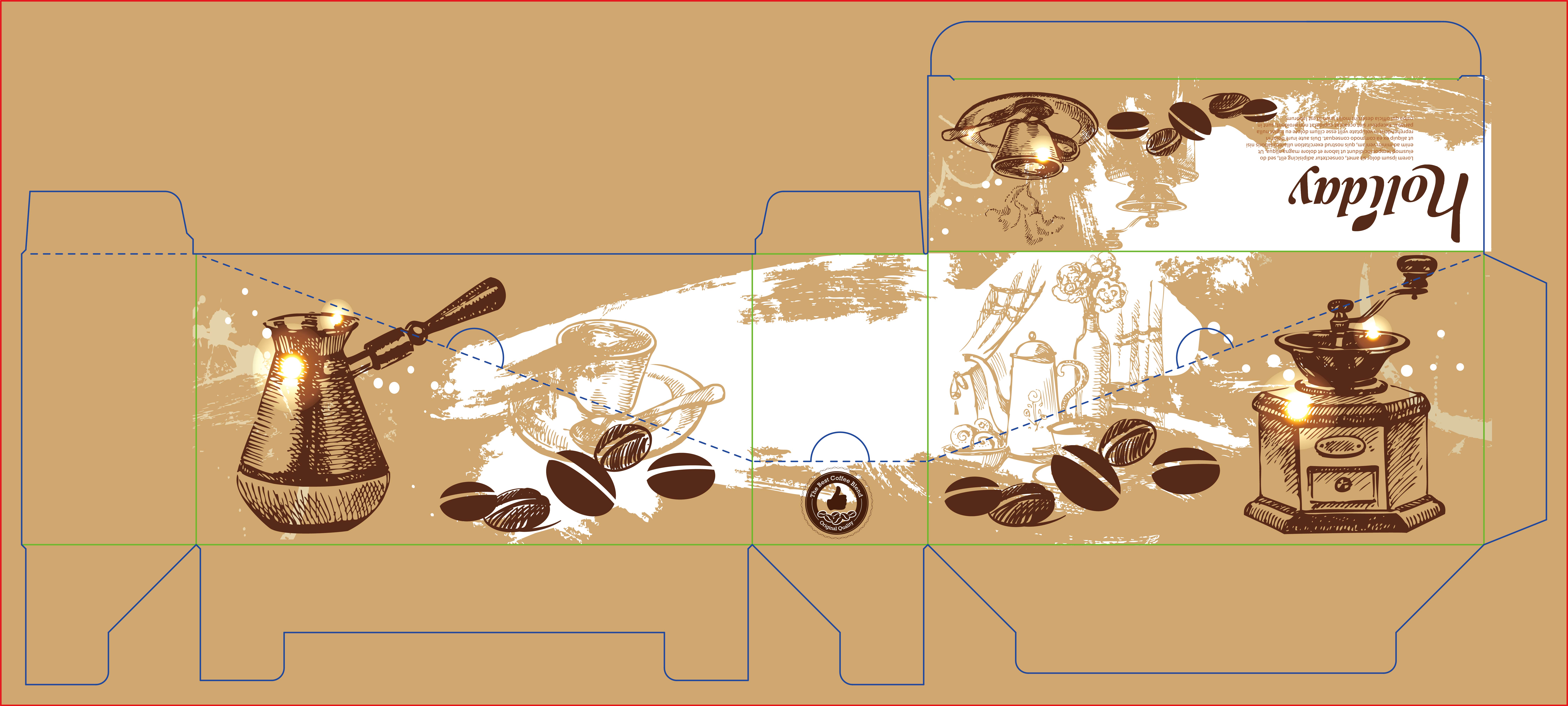 Holidaypac reference archive showing printed coffee-box artwork with cut and fold lines for a removable top