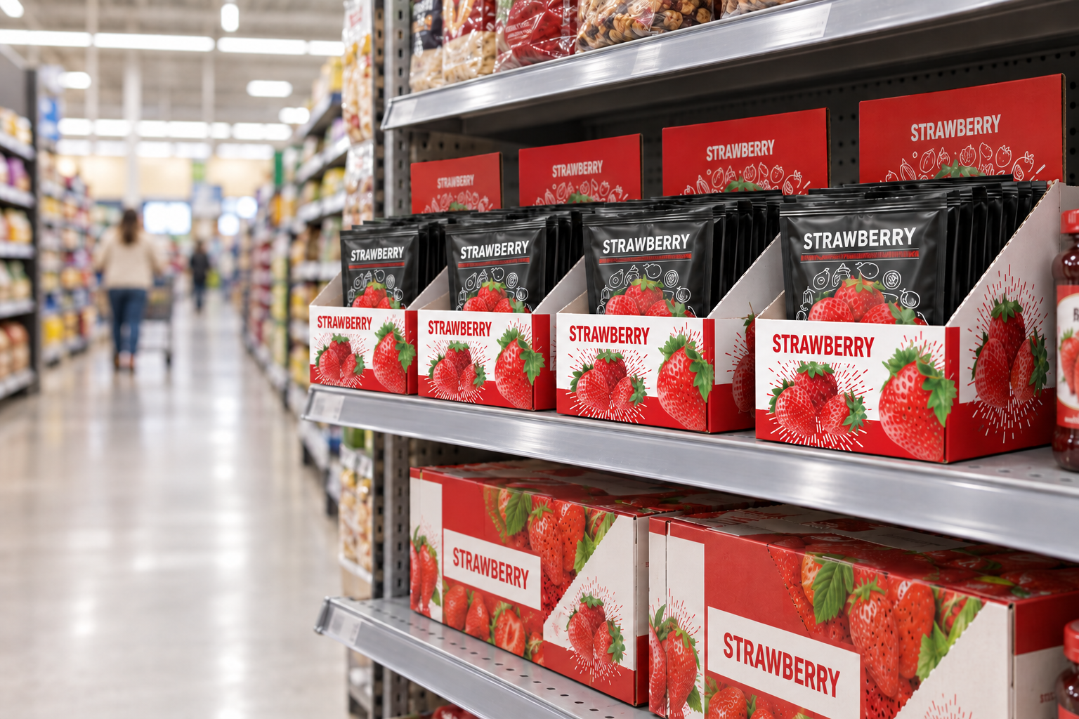 AI concept visualization of strawberry tear-away shelf-ready cartons stocked on supermarket shelves