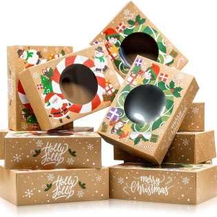 Christmas Cookie Boxes Bulk 12 Pack Kraft Large Holiday Christmas Food, Bakery Treat Boxes with Window, Candy and Cookie Boxes for Gift Giving Kraft Packaging Containers & Tins with Lids