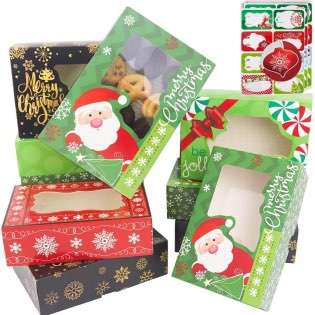 12 Christmas Cookie Boxes -Large Holiday Bakery Food Container for Gift Giving with 80 Count Christmas Foil Gift Stickers