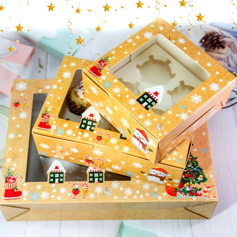 Christmas Individual Cupcake Box with Window and Insert Pre-Assembled Christmas Mini Kraft Bakery Boxes for Gifts