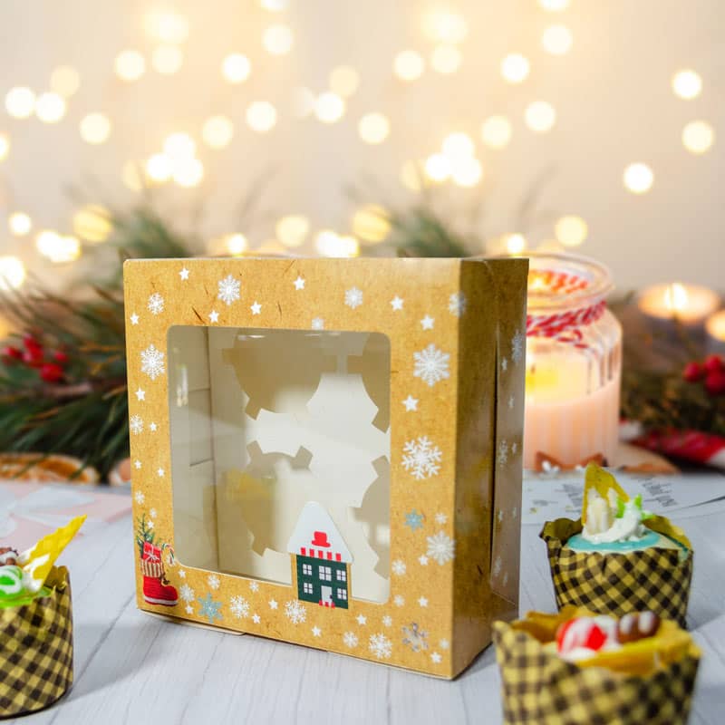 Christmas Individual Cupcake Box with Window and Insert Pre-Assembled Christmas Mini Kraft Bakery Boxes for Gifts