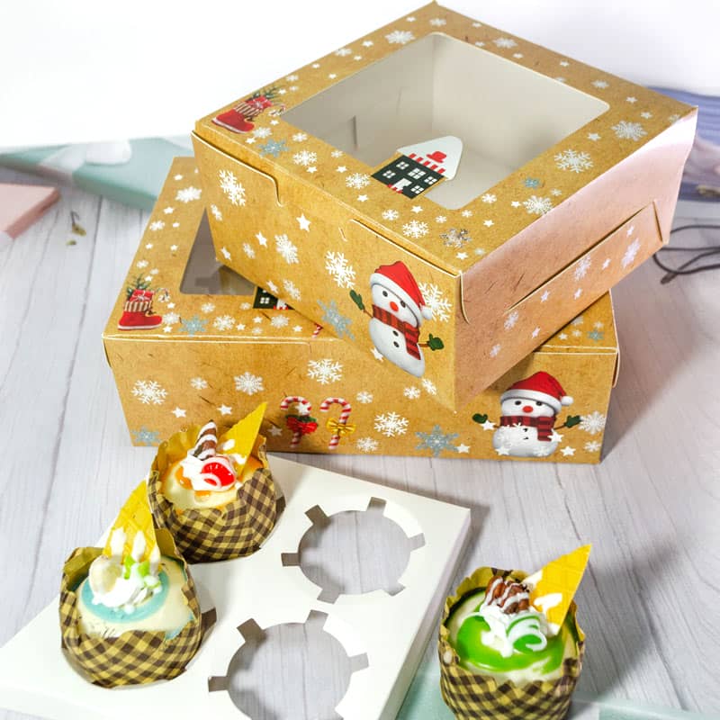 Christmas Individual Cupcake Box with Window and Insert Pre-Assembled Christmas Mini Kraft Bakery Boxes for Gifts