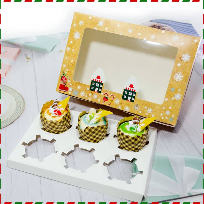 Christmas Individual Cupcake Box with Window and Insert Pre-Assembled Christmas Mini Kraft Bakery Boxes for Gifts