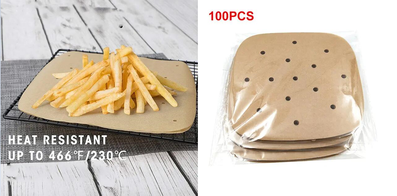 * 【Heat Resistanceh】Air fryer parchment paper/air fryer liners heat safe up to 450℉ (230℃), make your air fryer parchment paper liners intact during cooking.WARNING: Do Not put the parchment liners in the basket and preheat your air fryer without food on top! The food should at least cover the 2/3 the area of the parchment.