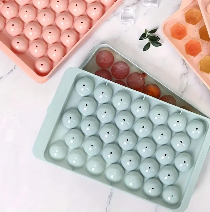 Holidaypac 2 Tier Ice Cube Trays 33 Grids Round Ice Cube Tray Set, Household Ice Cube Maker, Homemade Plastic Ice Hockey Mold With Lid, Flexible Food Grade Ice Cube Mold, Ice Trays For Freezer, Ice Cube Maker