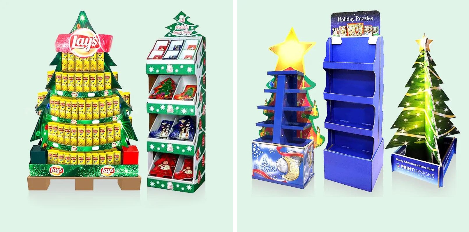 Holidaypac Custom Supermarket Christmas Festival Promotional Tree Display Rack Cardboard Pop Display Stand Chocolate Candy Display Stand