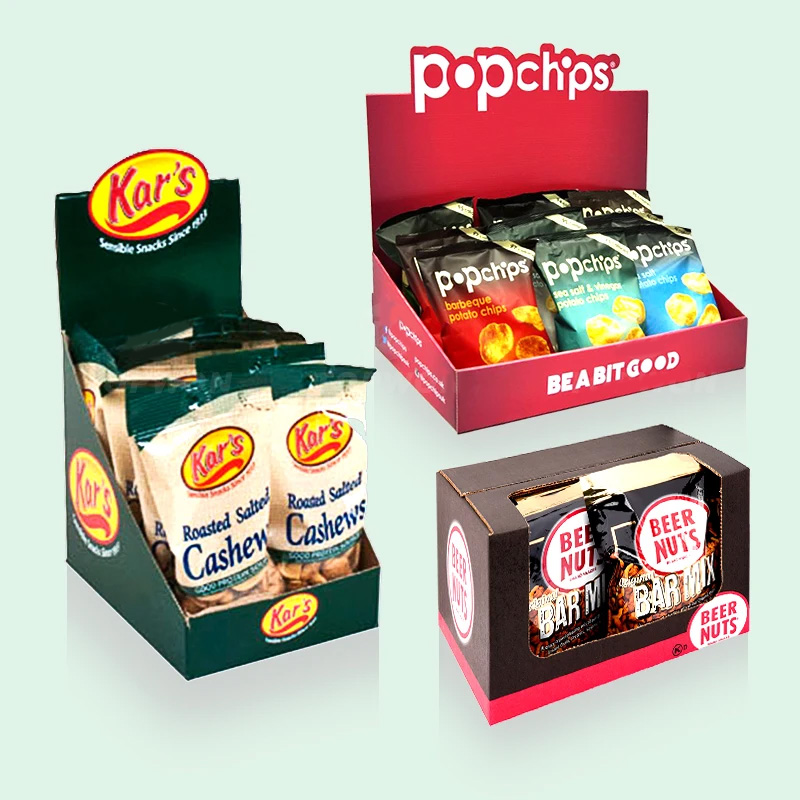 Custom Supermarket Retail Display Box Packaging Cardboard Pdq Counter Display Box Chocolate Candy Snack Tear Paper Display Box