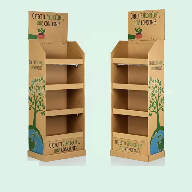 Custom Supermarket Retail Display Stand Kraft Paper Pop up Display Rack shelf Cardboard Display Stand With Hook