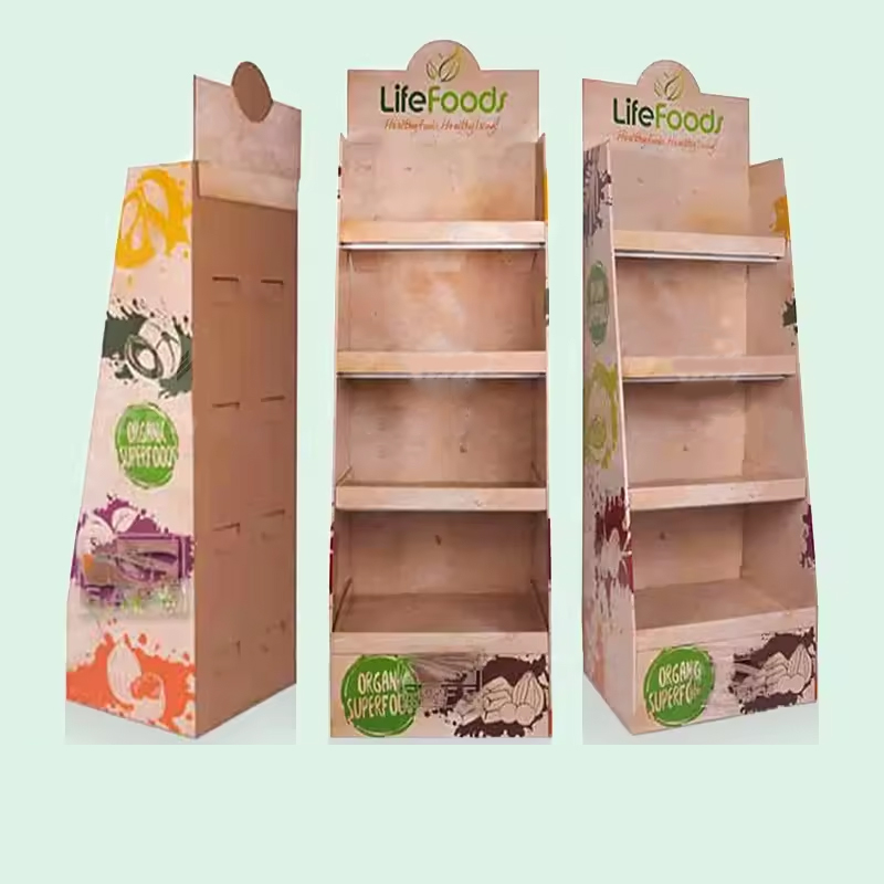 Custom Supermarket Retail Display Stand Kraft Paper Pop up Display Rack shelf Cardboard Display Stand With Hook - Holidaypac
