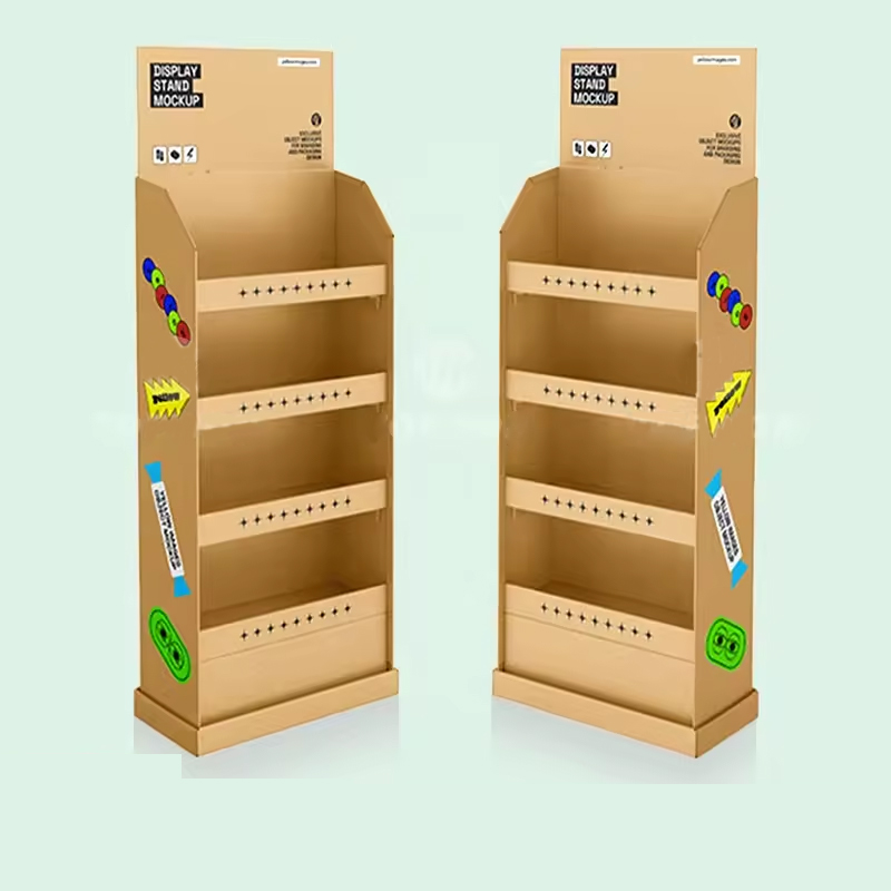 Custom Supermarket Retail Display Stand Kraft Paper Pop up Display Rack shelf Cardboard Display Stand With Hook - Holidaypac
