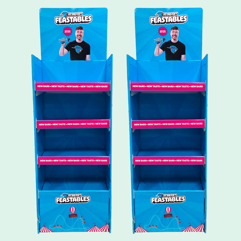Custom Supermarket Chocolate Candy Display Corrugated Paper Floor Display Stand For MrBeast Rack Cardboard Pop Display Stand - Holidaypac