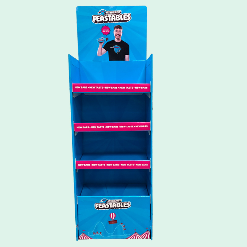 Custom Supermarket Chocolate Candy Display Corrugated Paper Floor Display Stand For MrBeast Rack Cardboard Pop Display Stand