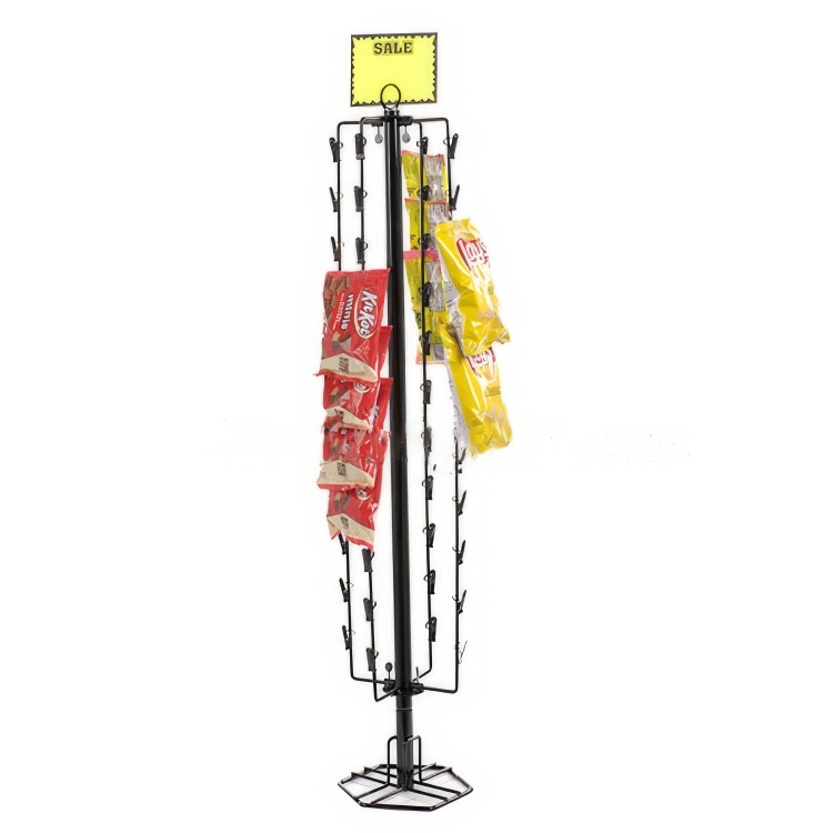 Rotating Metal Wire Potato Chips Display Rack Floor Standing Chip Snack Rack Clip Display for Supermarket