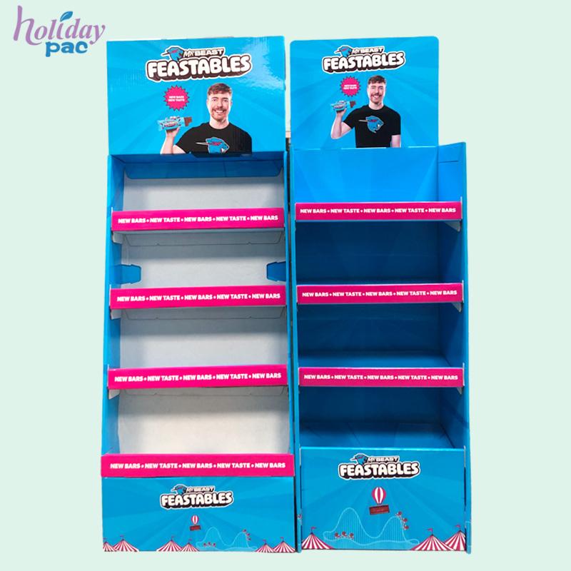 Custom Supermarket Chocolate Candy Display Corrugated Paper Floor Display Stand For MrBeast Rack Cardboard Pop Display Stand - Holidaypac