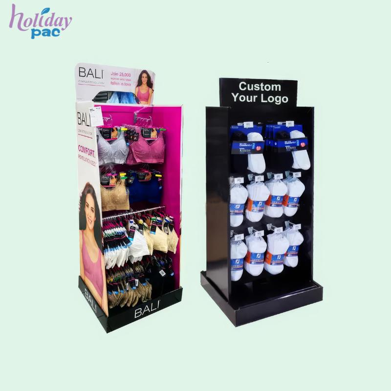 Customized Supermarket Dress Hook Display Rack Cardboard Floor Display Stand Underwear Socks Hook Display - Holidaypac