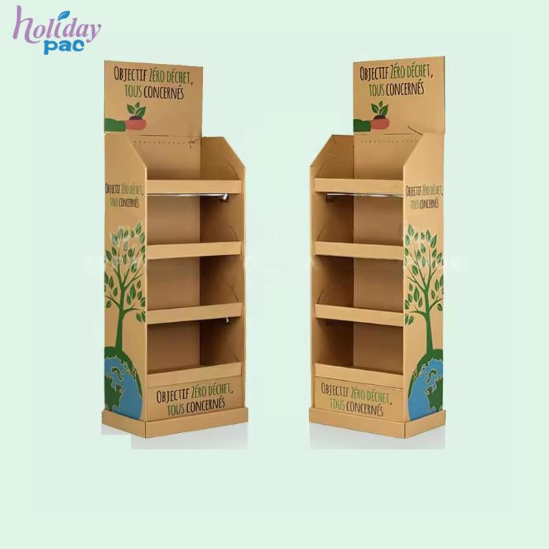 Custom Supermarket Retail Display Stand Kraft Paper Pop up Display Rack shelf Cardboard Display Stand With Hook - Holidaypac