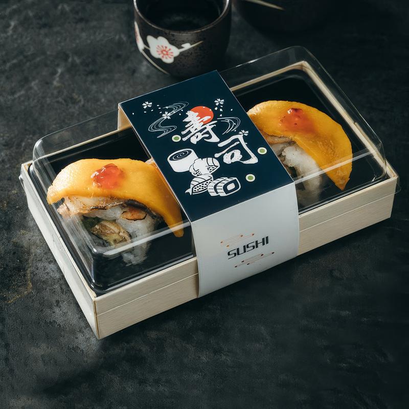 Custom Sushi Wooden Rectangular TAKE OUT BOX with Transparent Lid and Inner Tray -Holidaypac