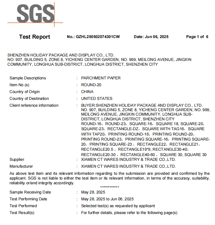 holidaypac air fryer liner factory SGS test report