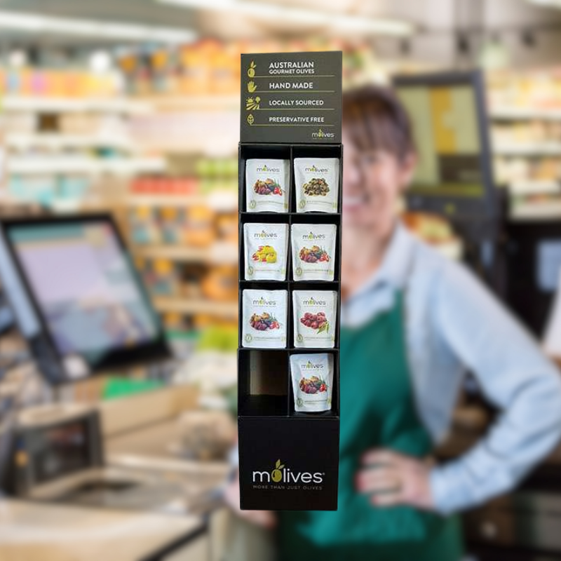 Custom Merchandising Hook Display for Gourmet Olives with Bas-Holidaypac