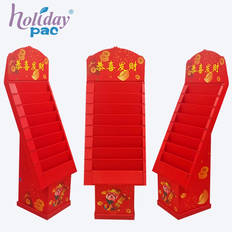 Custom Red Cardboard Floor Display with Base for Lunar New Year Gifts Custom Red Cardboard Floor Display with Base for Lunar New Year Gifts