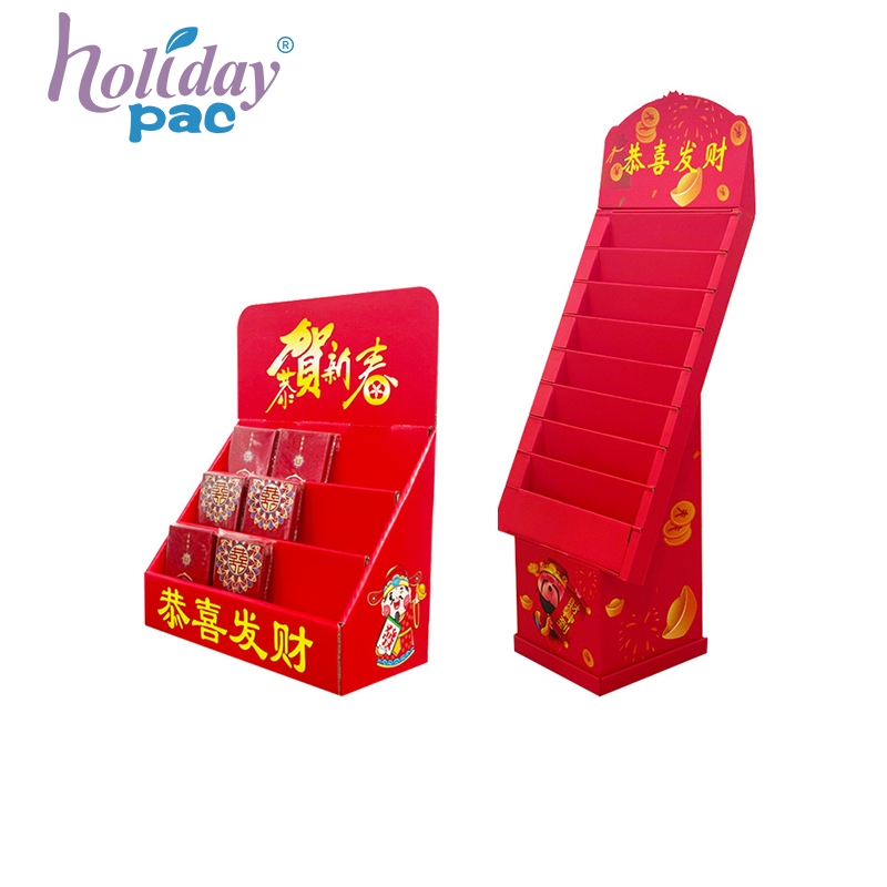 Custom Red Cardboard Floor Display with Base for Lunar New Year Gifts Custom Red Cardboard Floor Display with Base for Lunar New Year Gifts