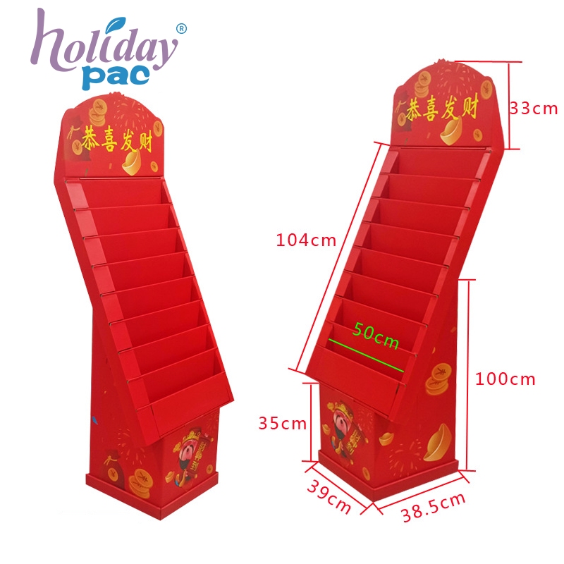 Custom Red Cardboard Floor Display with Base for Lunar New Year Gifts Custom Red Cardboard Floor Display with Base for Lunar New Year Gifts