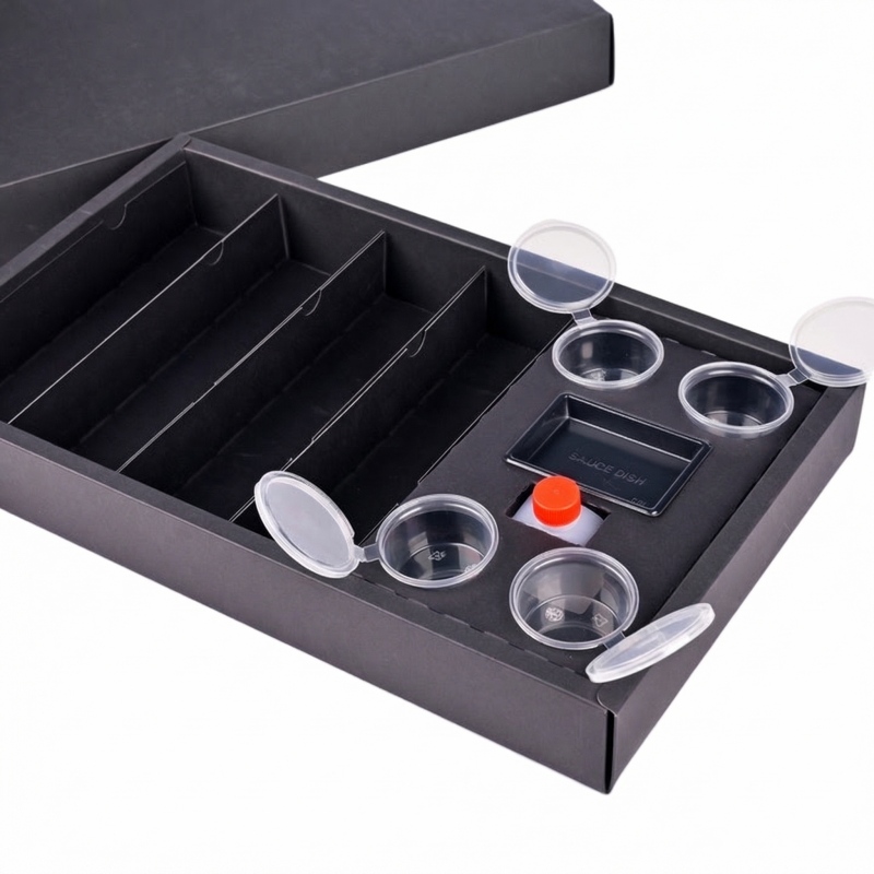 Custom Black Cardboard Sushi Boxes with Divider and Sauce Holders - Holidaypac