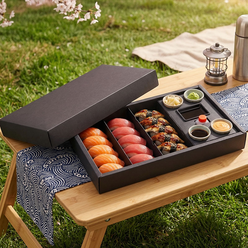 Custom Black Cardboard Sushi Boxes with Divider and Sauce Holders - Holidaypac