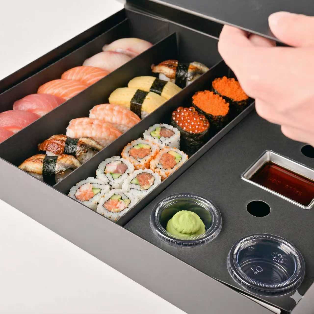 Premium Sushi Gift Box | Custom Foldable Magnetic Sushi Packaging Box with Dividers & Sauce Cup Tray | 42.5*31*7.5cm Wholesale - Holidaypac