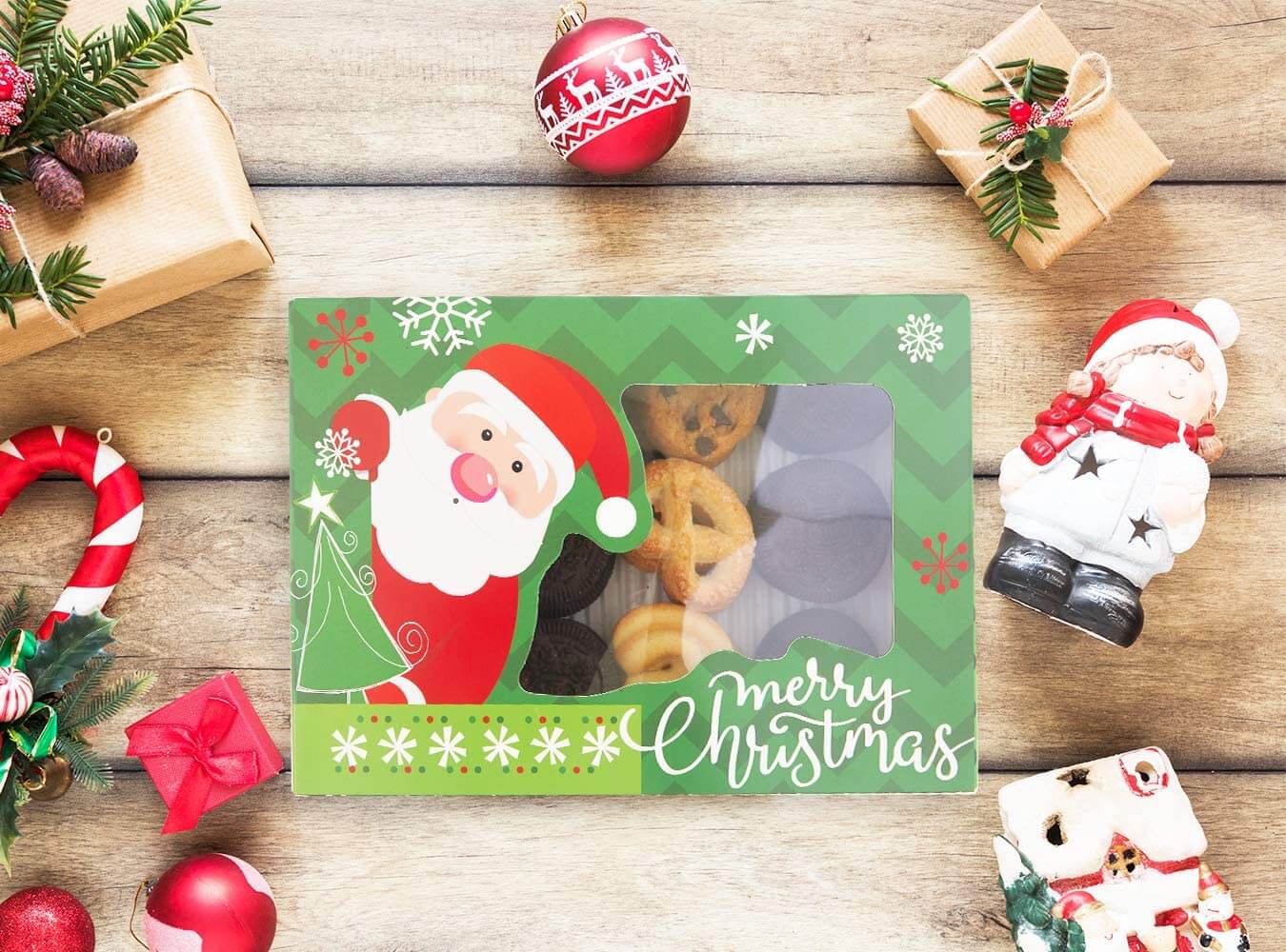 Holidaypac green and red Christmas treat window boxes for bakery wholesale