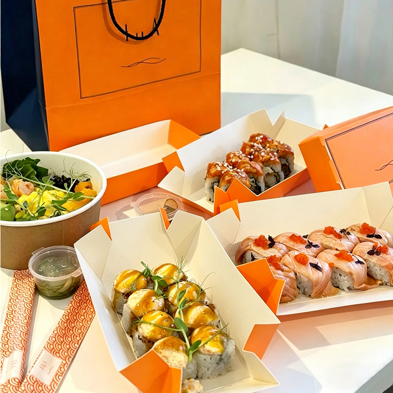 Custom One-Piece Molded Sushi Box Wholesale | Eco-Friendly Kraft Paper Sushi Takeaway Container with Logo Printing - Holidaypac Factory