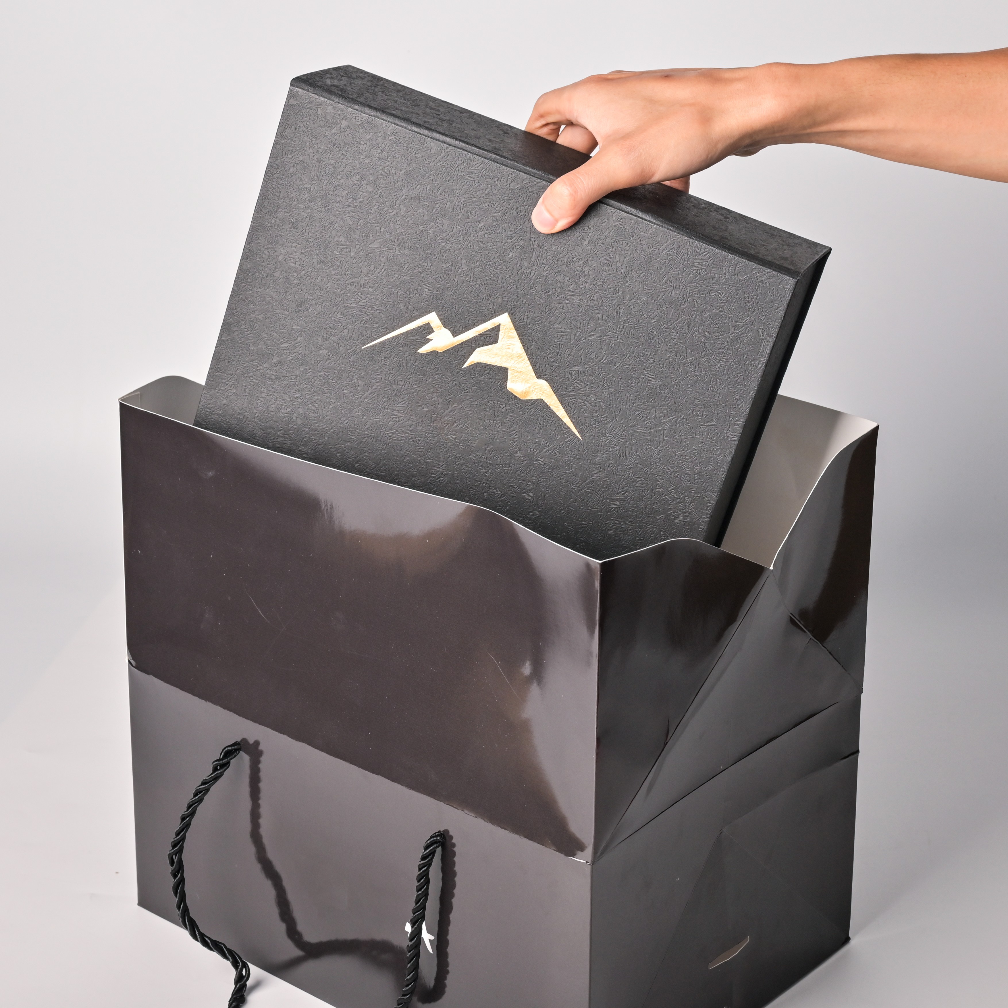 Luxury Sushi Packaging Box Wholesale | Premium Black Gold Foil Stamped Sushi Gift Box with Perforated Tray & Handle Carrier Bag - Holidaypac Factory