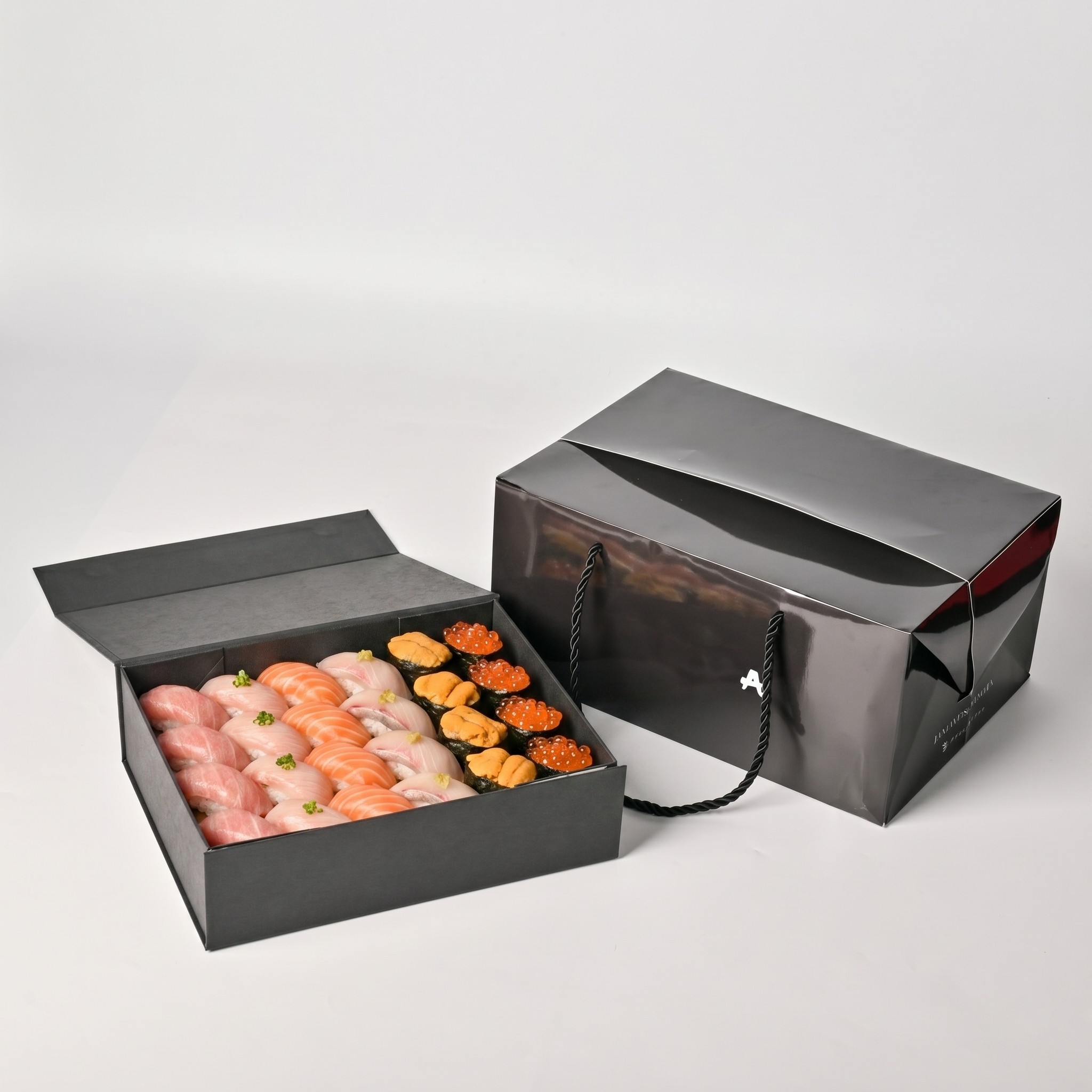 Luxury Sushi Packaging Box Wholesale | Premium Black Gold Foil Stamped Sushi Gift Box with Perforated Tray & Handle Carrier Bag - Holidaypac Factory