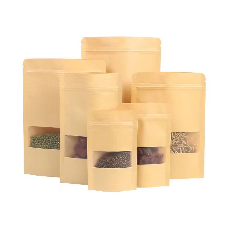 Custom Classic Kraft Paper Stand Up Pouches with Zippers and Display Windows for Storing Food and Snacks - Holidaypac
