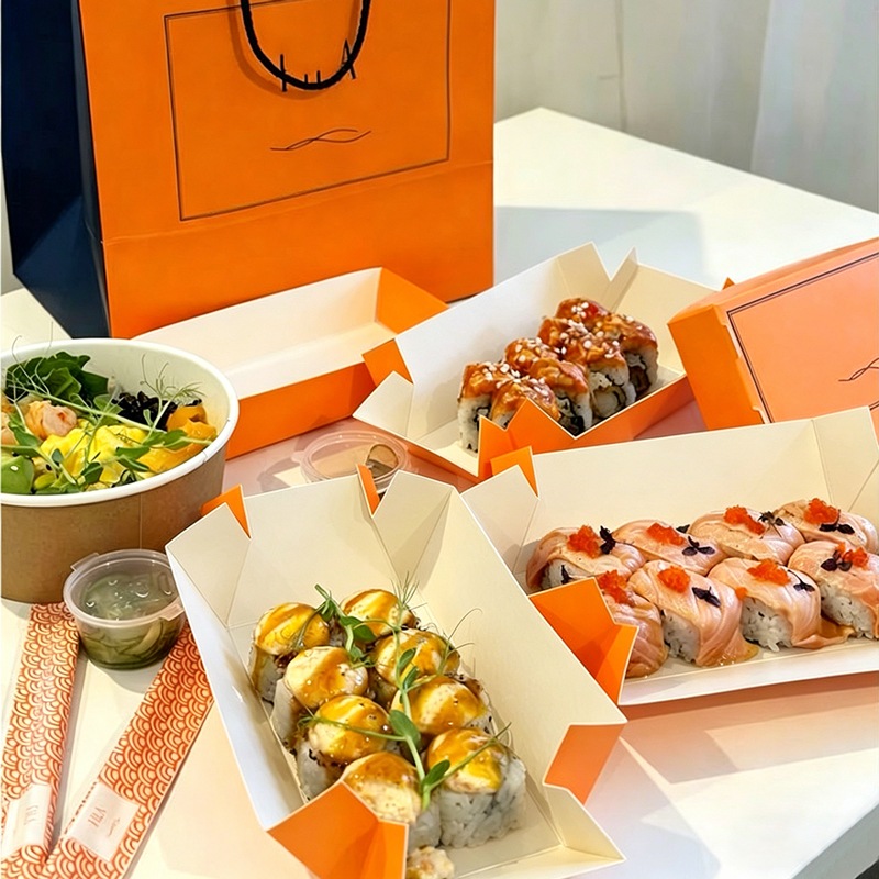 Custom One-Piece Molded Sushi Box Wholesale | Eco-Friendly Kraft Paper Sushi Takeaway Container with Logo Printing - Holidaypac Factory