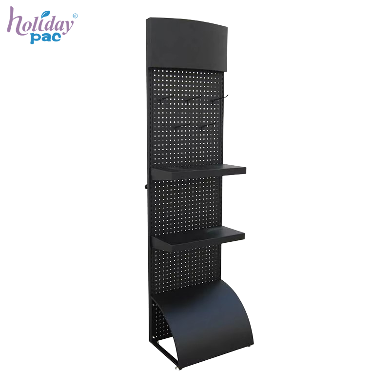 Custom Metal Pegboard Display Hooks Stand with Shelves and Curved Base