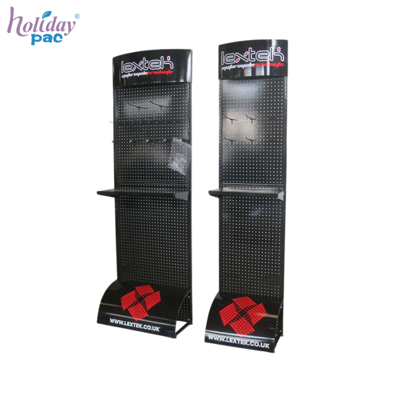 Custom Metal Pegboard Display Hooks Stand with Shelves and Curved Base