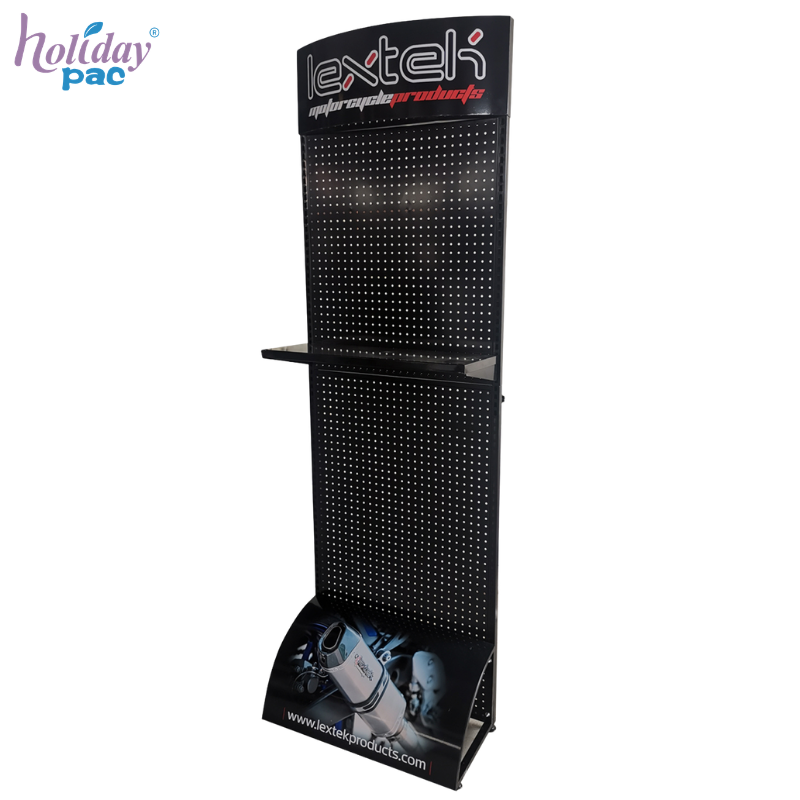 Custom Metal Pegboard Display Hooks Stand with Shelves and Curved Base