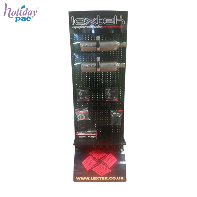 Custom Metal Pegboard Display Hooks Stand with Shelves and Curved Base