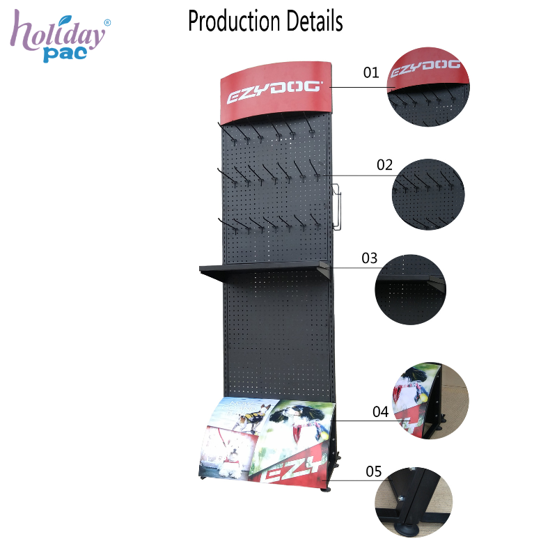 Custom Metal Pegboard Display Hooks Stand with Shelves and Curved Base