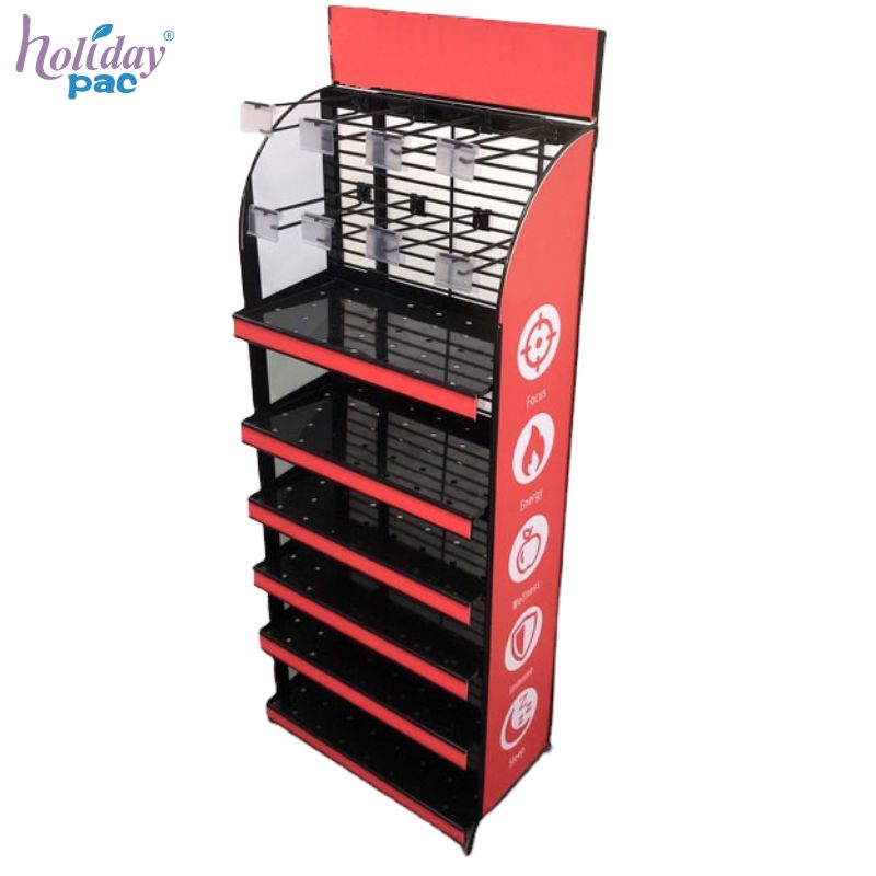 Custom Metal Supplement Display Stand with Adjustable Shelves and Hooks -Holidaypac
