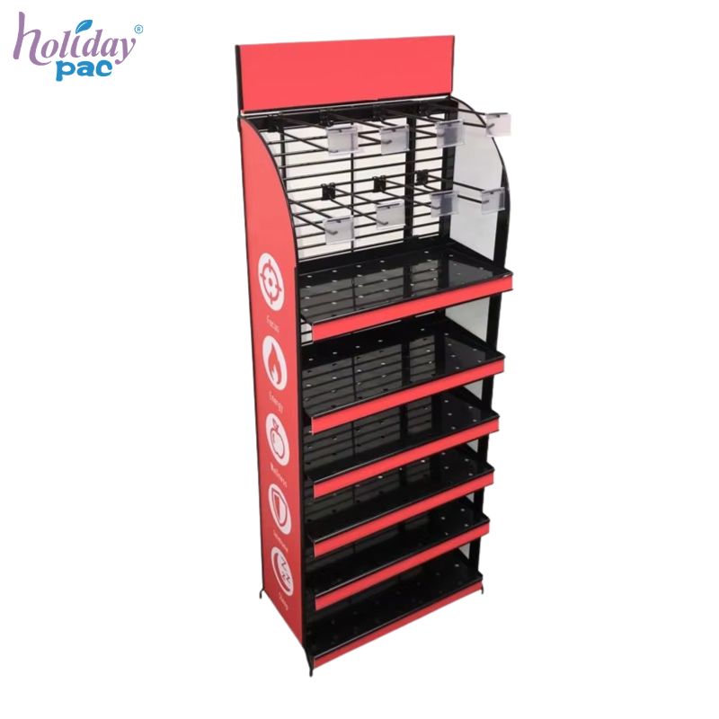 Custom Metal Supplement Display Stand with Adjustable Shelves and Hooks -Holidaypac