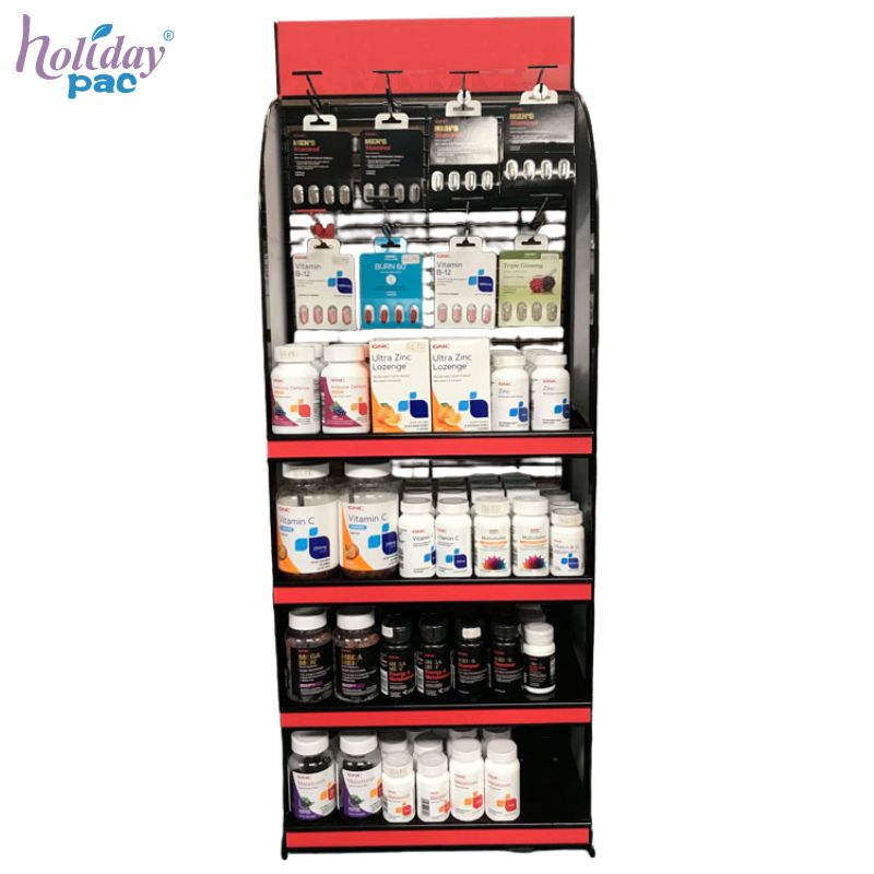 Custom Metal Supplement Display Stand with Adjustable Shelves and Hooks -Holidaypac