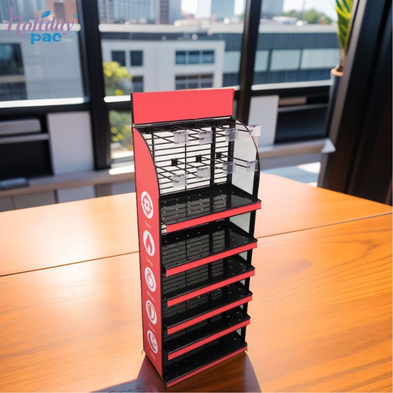Custom Metal Supplement Display Stand with Adjustable Shelves and Hooks -Holidaypac