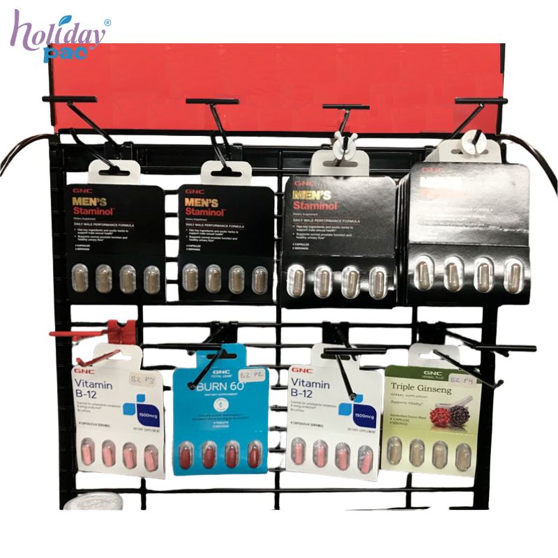 Custom Metal Supplement Display Stand with Adjustable Shelves and Hooks -Holidaypac