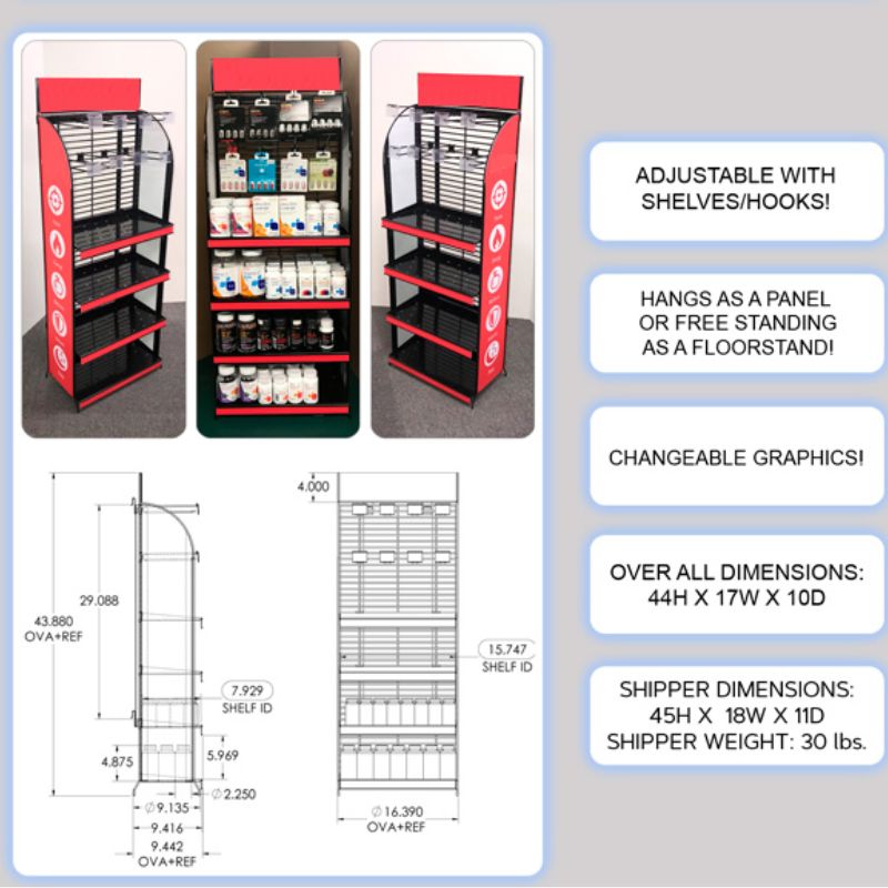 Custom Metal Supplement Display Stand with Adjustable Shelves and Hooks -Holidaypac