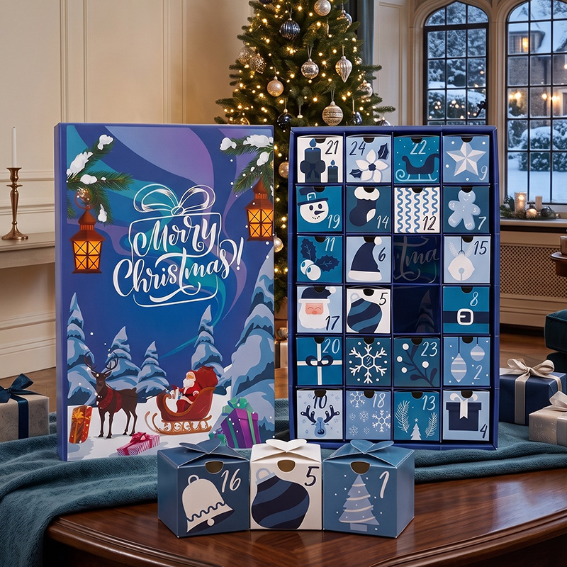 Custom 24 Boxes Flat-Pack Blue Theme Christmas Advent Calendar Box Factory - Holidaypac